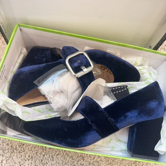 New with Box SAM EDELMAN Chessie Velvet Mary Jane Pumps In Navy 6.5 - Picture 2 of 7